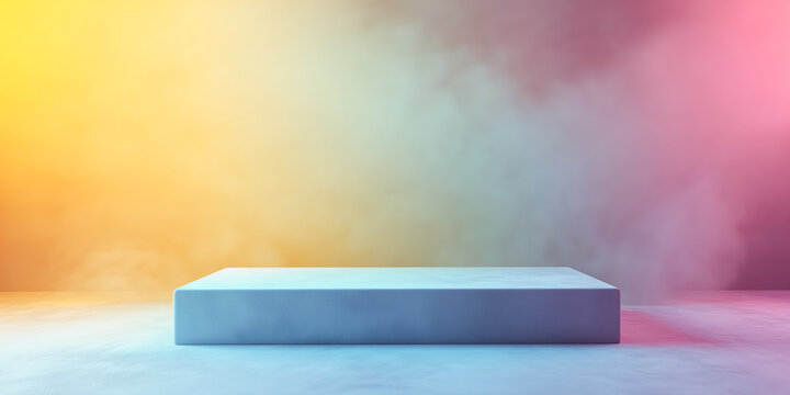 Long rectangular stage with velvet fabric and tasteful artistic smoke colors in lime, magenta, cyan, and yellow for luxury product showcase, lifestyle marketing, copy space.