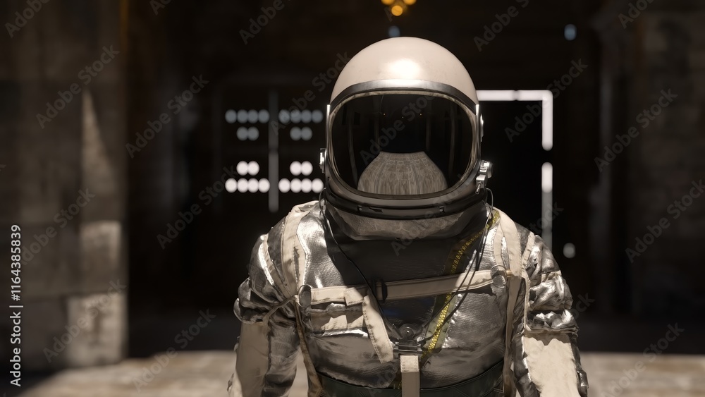 Poster astronaut in a vintage spacesuit navigating the dimly lit corridors of a desolate, abandoned space s