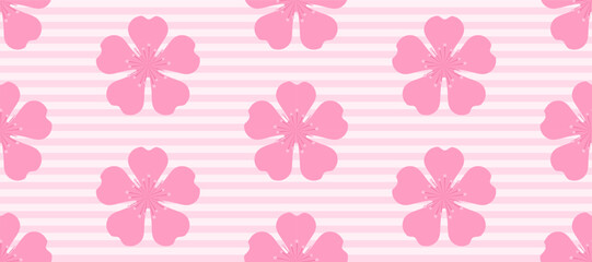 Minimalist Pink Seamless Cherry Blossom Pattern Background With Horizontal Stripes. Vector Illustration. Wallpaper