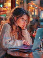Fototapeta premium Focused Young Woman Working on Laptop in Cafe: Remote Work, Freelancing, and Digital Nomad
