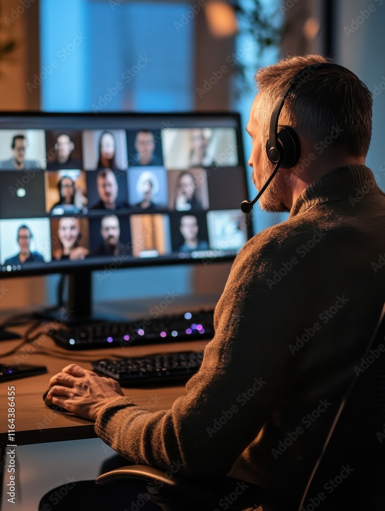 Poster a man wearing a headset sits at a desk, facing a computer monitor with multiple video calls