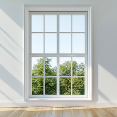 Spacious living room with modern-style windows, light-colored walls and wooden parquet