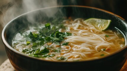 Delicious bowl of steaming noodle soup with herbs and lime served in a rustic kitchen