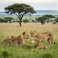 Fototapeta premium lioness and lion cub