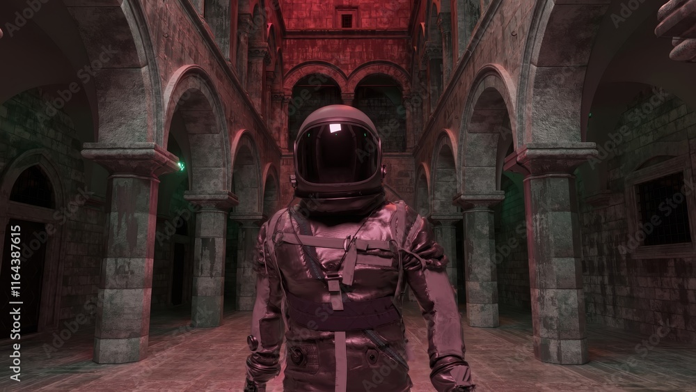 Poster astronaut wearing a spacesuit and helmet explores an ancient, dimly lit building with arches and col