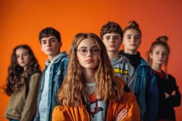 A confident group of teenagers with different styles gather against an orange background, exuding a sense of unity and youthful energy in their diverse individuality.