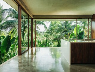 Fototapeta premium A large open kitchen with a white counter and a wooden island. The kitchen is surrounded by a lush green forest