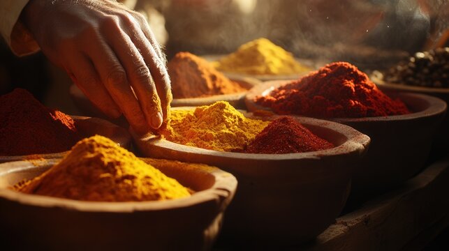 Vibrant array of spices displayed in traditional bowls at a bustling market in the early morning light