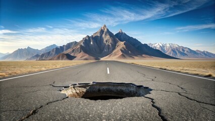 A seemingly endless asphalt road with a large pothole leading to a majestic mountain range under a clear sky