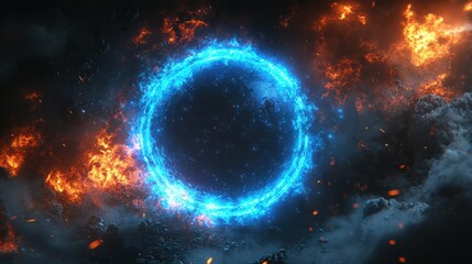 Obraz premium Blue ring of energy with fire and smoke.