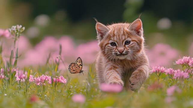 Bobcat kitten chasing butterfly in flower field.
