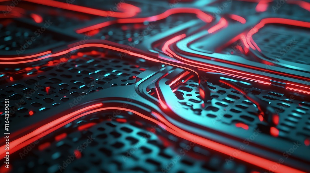 Poster a futuristic communication hub with energetic red and cyan lines forming an intricate pattern on a d