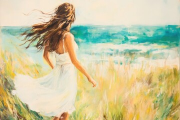 A woman stands on a grassy cliff, facing the ocean, her white dress flowing in the wind, symbolizing freedom and adventure under the bright, expansive sky.