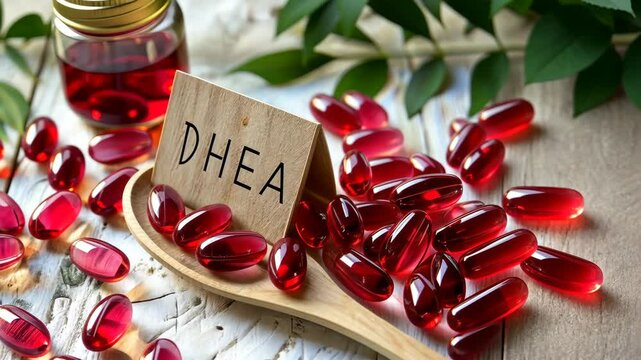 DHEA capsules supplements on the table. Selective focus. nature.