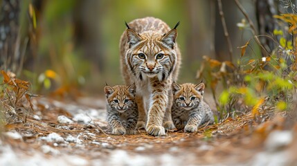Naklejka premium Bobcat with two kittens walking in forest.