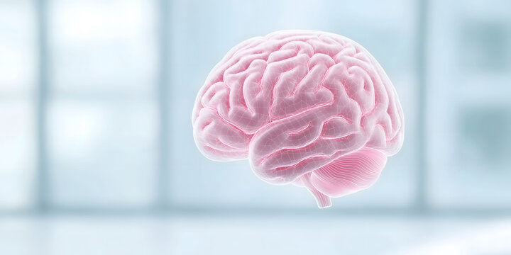 Pink human brain with a digital wireframe overlay on a blurred blue background, ideal for illustrating neuroscience, artificial intelligence, mental health, or medical research concepts.