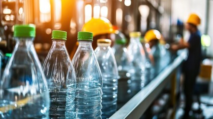 Bright industrial facility close-up of water bottling production process