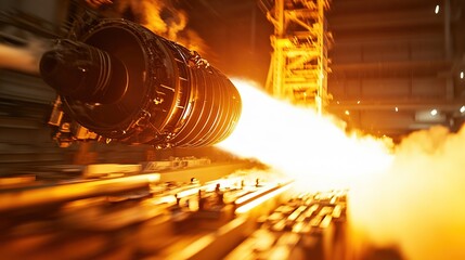 rocket engine test firing in facility with blurred flames and industrial structures creating drama