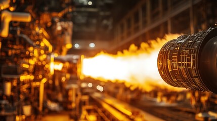rocket engine test firing in facility with blurred flames and industrial structures creating drama