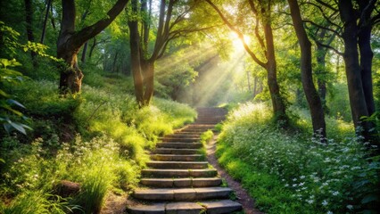 Sunlit Stone Steps Ascending Through a Verdant Woodland Path