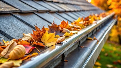 Autumn Leaves Clogging Home Gutter System Requiring Seasonal Cleaning