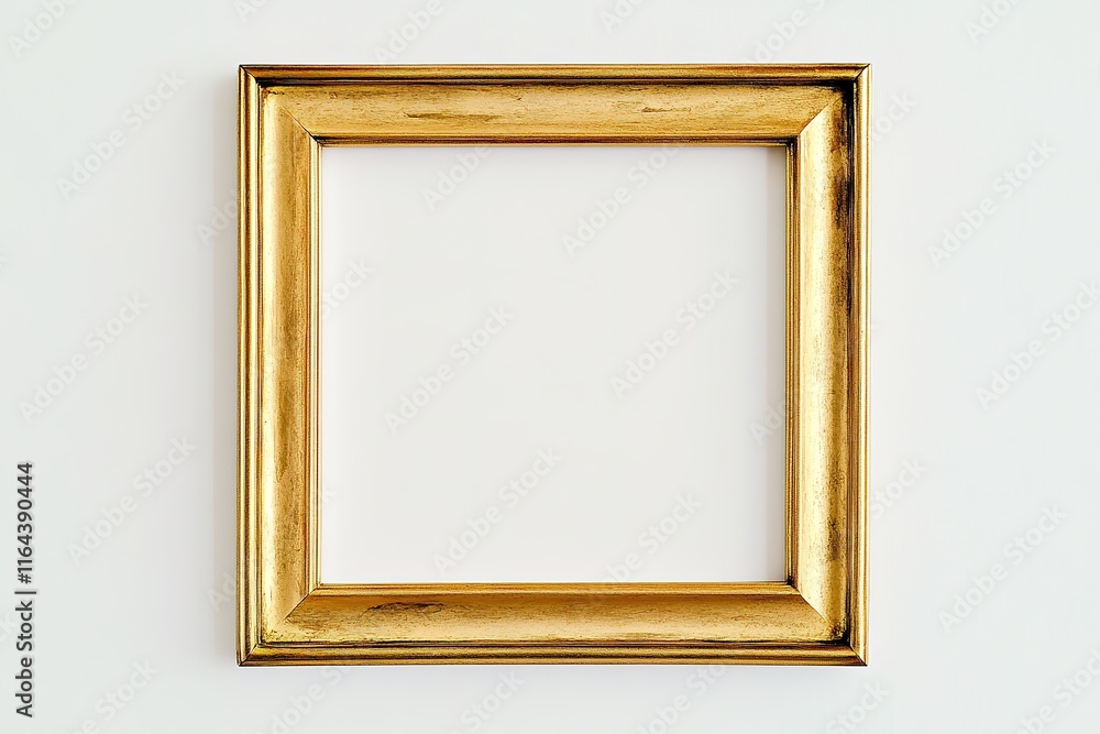 Poster thin gold frame in square shape placed on bright white background for minimalistic look