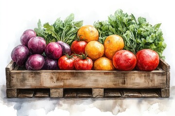 A colorful crate filled with fresh fruits and vegetables, ideal for healthy eating or cooking inspiration