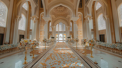 Fototapeta premium Luxurious Wedding Venue with Elegant Floral Arrangements and Stunning Architectural Details in Grand Hall