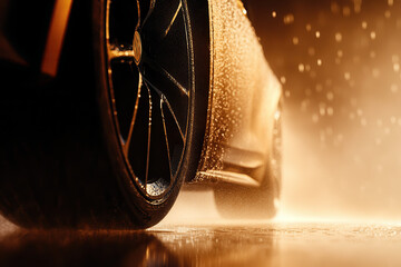 Dynamic Close-Up of Luxury Car Wheel in Motion on Wet Road During Rainy Sunset with Elegant...