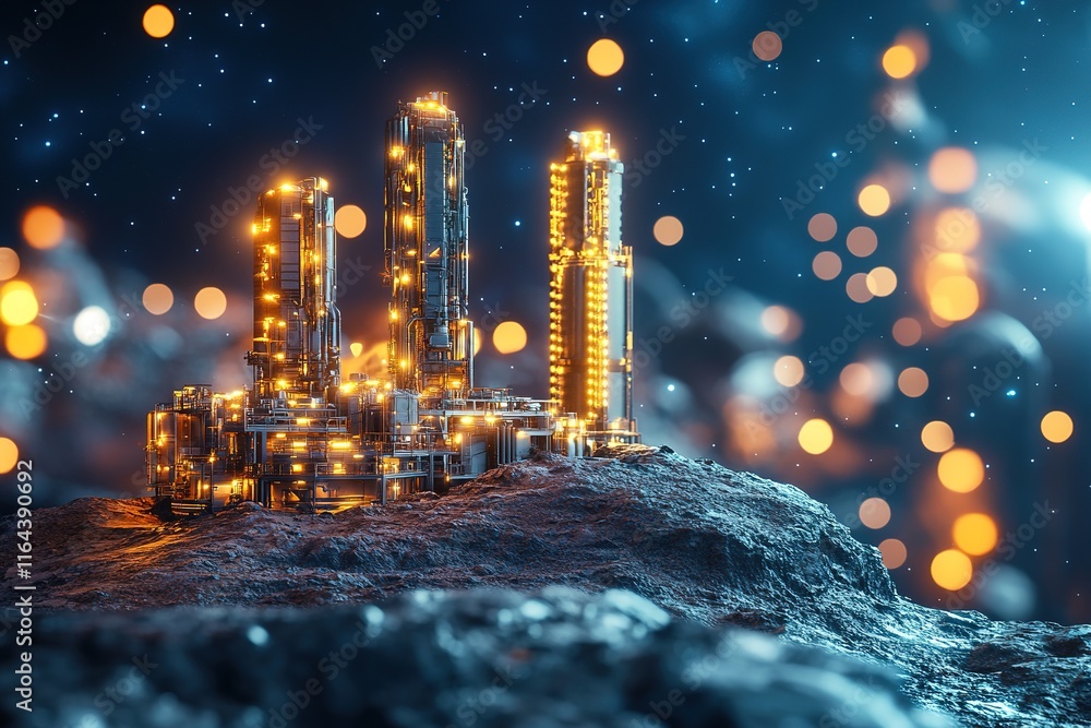 Poster 3d asteroid mining base on distant rock with glowing industrial structures and blurred cosmic backgr