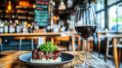 A cozy dining table setup with a plated bonein beef short rib served on mashed potatoes drizzled with red wine reduction and sprinkled with chopped parsley ready to be
