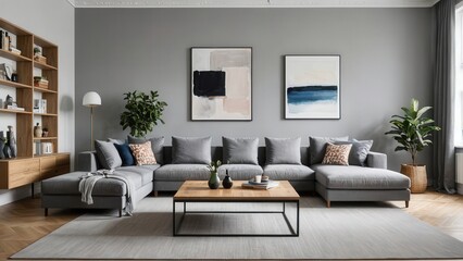 pouf and wooden table in modern living room with painting above grey corner couch