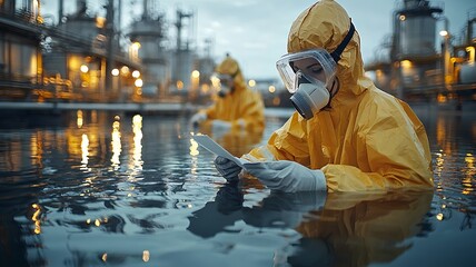 Technicians in Protective Gear Collecting Water Samples from River to Monitor Wastewater Impact on Environment