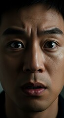 Obraz premium Close up of Asian Man face, Surprise Surprised, Shock Shocked Expression, Zoom In, Zoomed Portrait