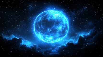 Obraz premium Bright blue planet glowing behind dark clouds in starry night sky.