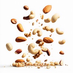 Mixed Nut Delight Various Healthy Nuts and Raisins Falling on a white Background. for Product Banners and Covers