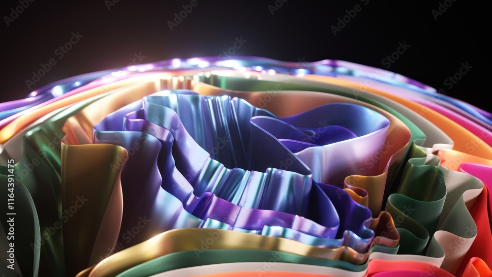 Poster shiny metallic ribbons in rainbow colors are forming a mesmerizing abstract pattern with flowing cur