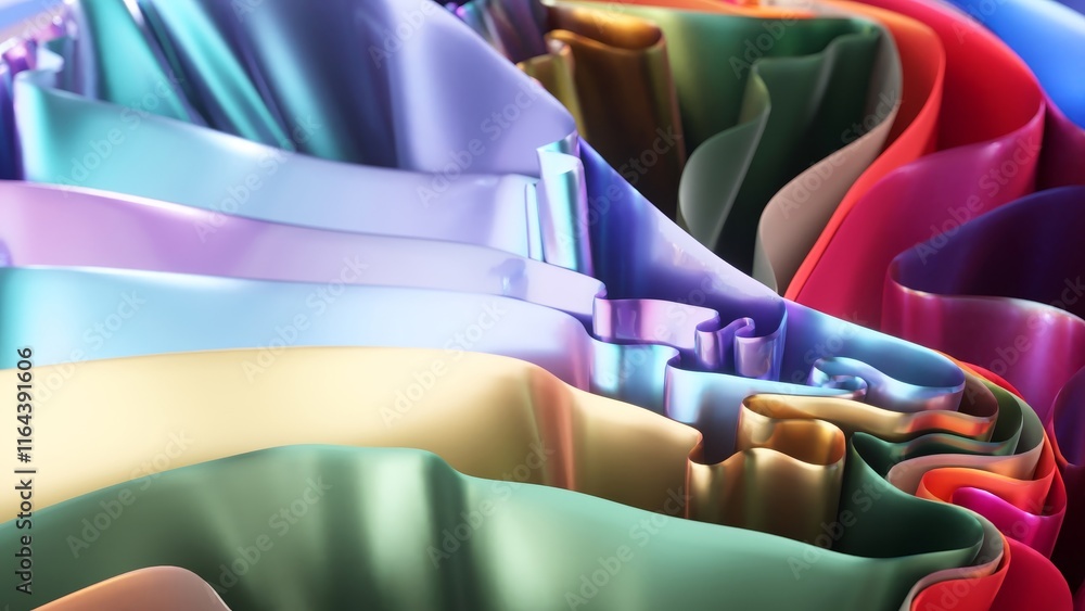 Poster shiny metallic ribbons in vibrant rainbow colors flowing gracefully, creating captivating abstract s