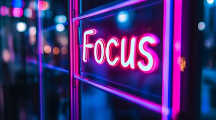 Neon Focus Sign in Vibrant City Nightscape
