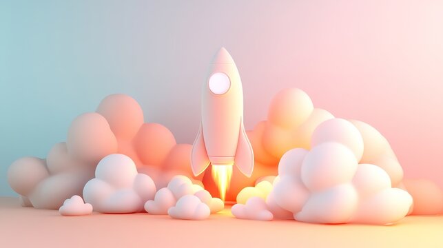 minimalist 3d rocket with abstract clouds rendered in soft pastel tones and glowing lighting