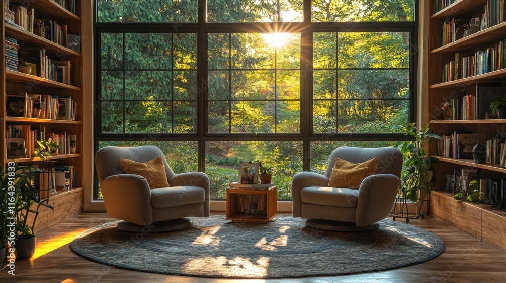 Poster two comfortable armchairs are positioned near large windows, allowing warm sunlight to illuminate th