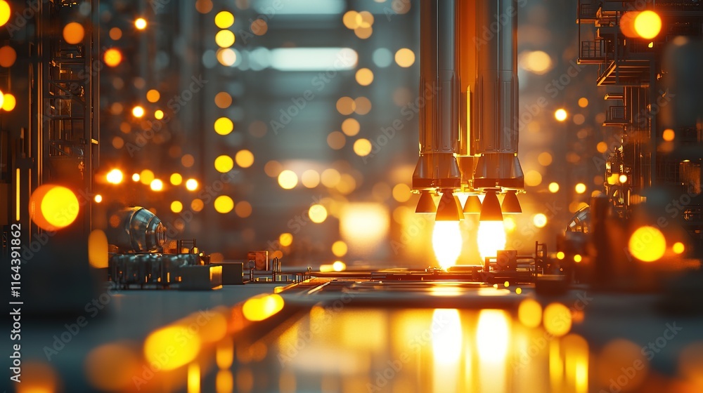 Poster photorealistic 3d rocket engines igniting on launchpad framed by glowing lights and blurred machiner