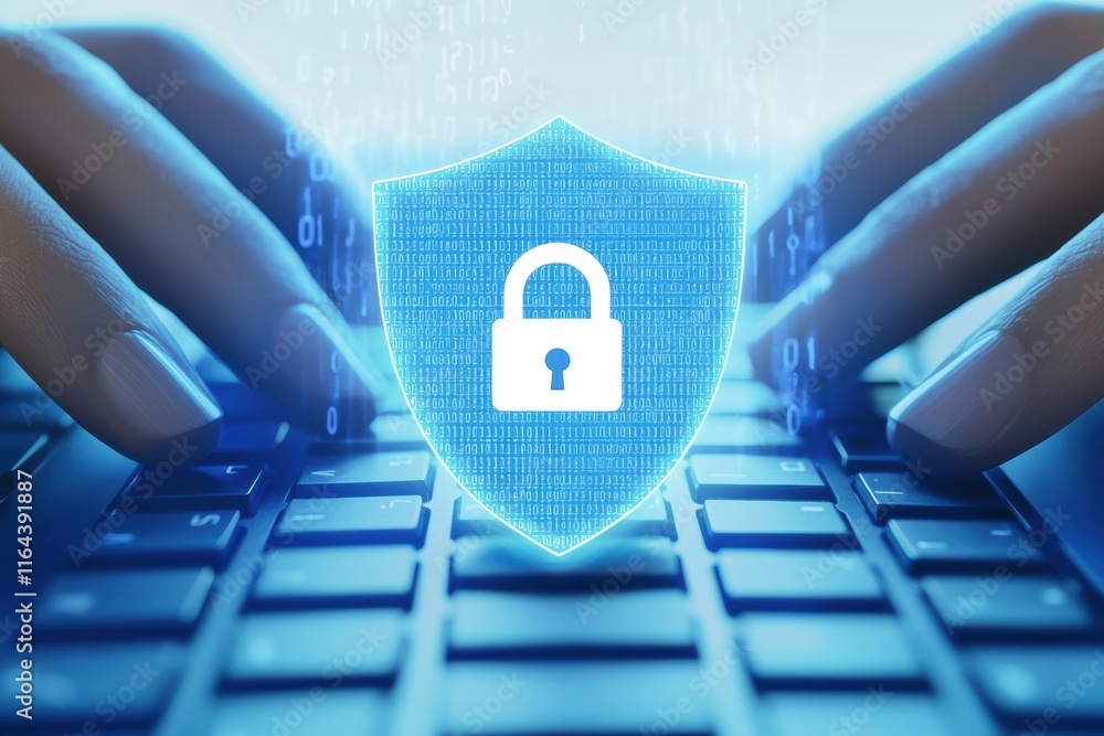 Poster digital security concept with hands typing and padlock symbol