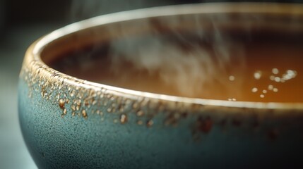 Warm beverage sits in a handcrafted bowl with steam rising in a cozy indoor setting during a chilly morning
