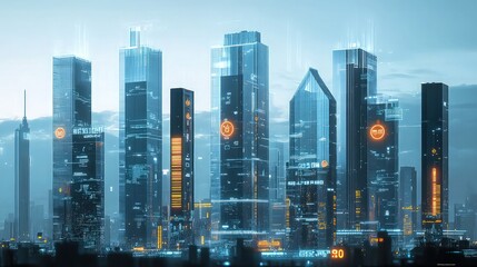 Obraz premium Row of modern glass skyscrapers forms a central business district for corporate branding and success.