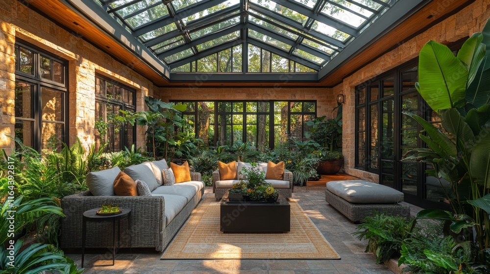 Poster natural light floods this charming indoor garden featuring comfortable seating and an array of vibra