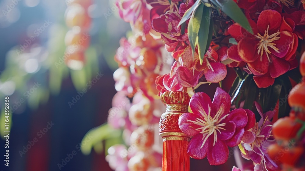 Poster a bouquet of bright red flowers is suspended from a tree branch, creating a vibrant display