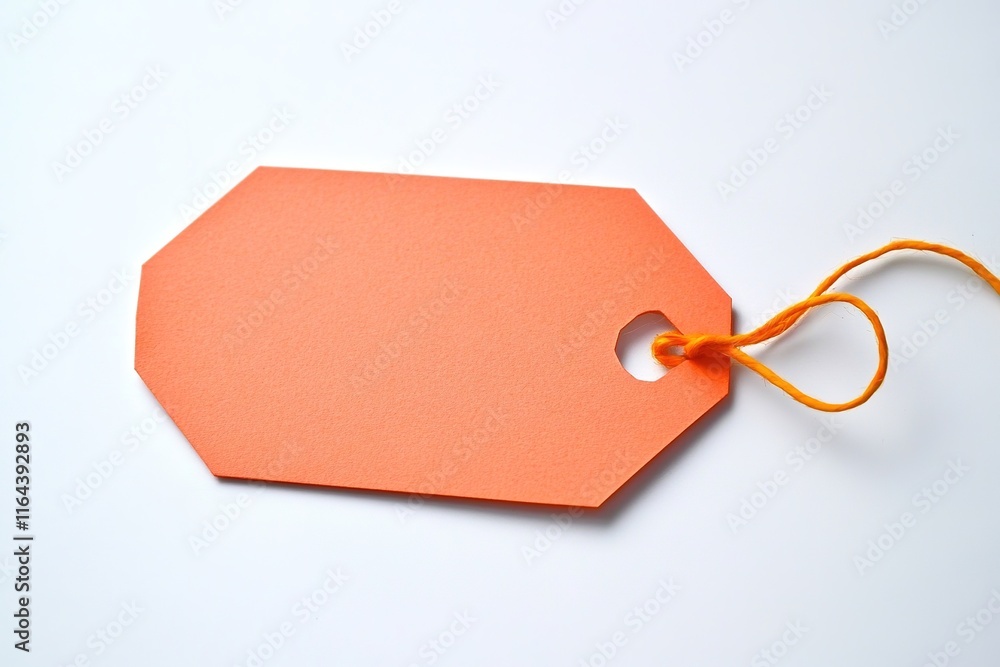 Poster orange paper tag with string lying flat on bright white background for simple and minimalist look