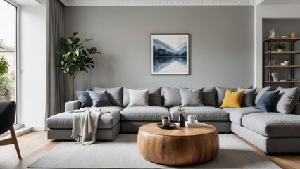 pouf and wooden table in modern living room with painting above grey corner couch