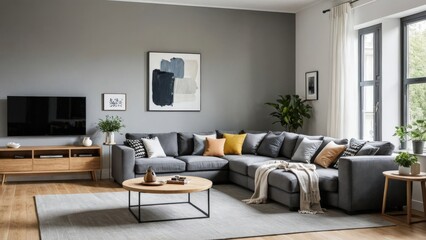 pouf and wooden table in modern living room with painting above grey corner couch